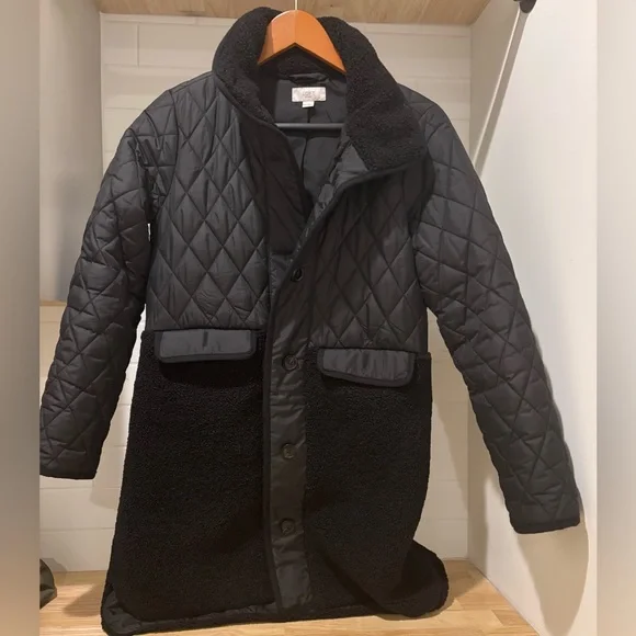 LOFT Black Shearling Mixed Media Coat - XXS Petite - Picture 3 of 10